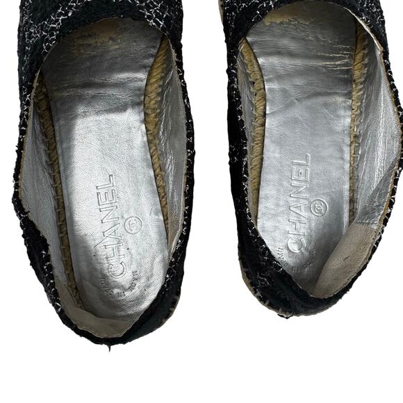 Chanel Black Tweed CC Espadrilles with Silver Cap Toe Jute Sole Flats Size 40 - Picture 8 of 10